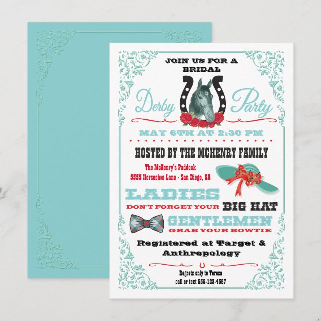 Invitación Derby Horse Carreras Bridal Shower Party invitació (Anverso / Reverso)