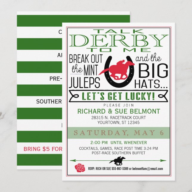 Invitación Derby Horse Carreras Fiesta Blk/Red/Dk Kelly (Anverso / Reverso)