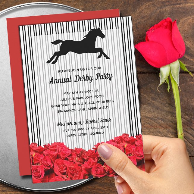 Invitación Derby Horse Carreras Rosas Stripes (Order INSTANT DOWNLOAD to send digitally or PRINTED invitations to mail or both!)