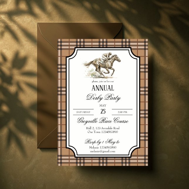 Invitación Derby horse racing party elegant gingham (Derby horse racing party elegant brown gingham invitation cards template equestrian party invites)