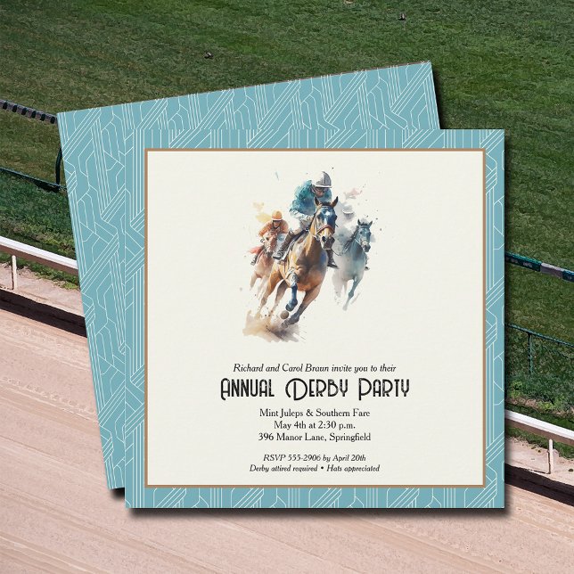 Invitación Derby Horses and Jockeys Aqua Fiesta (Racehorses and Jockeys Derby Party Invitations - INSTANT DOWNLOAD and/or PRINTED or both!)