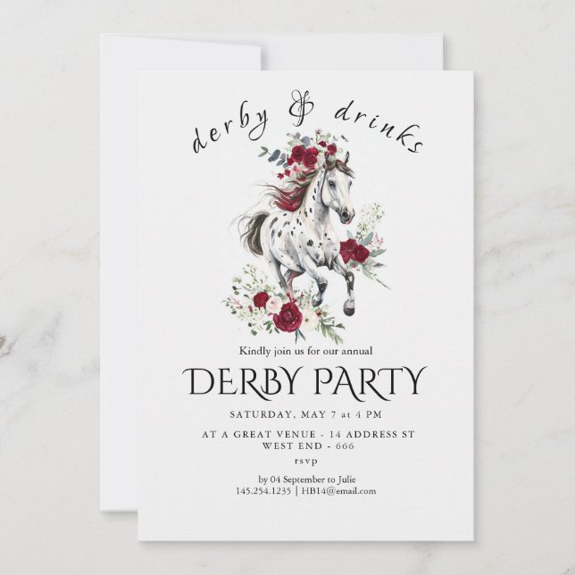 Invitación Derby Party Invitation – Floral Horse Head with Ro (Anverso)