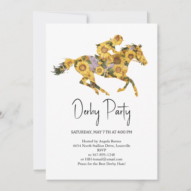 Invitación  Derby Party Invitation – Floral Horse Head with S (Anverso)