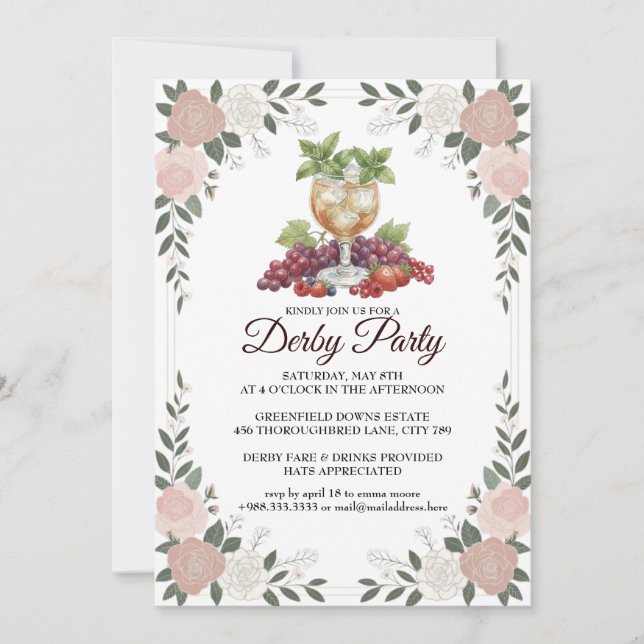 Invitación Derby Party Invitation Floral Mint Julep Design (Anverso)