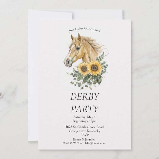 Invitación  Derby Party Invitation – Horse Head Floral Sunflo (Anverso)