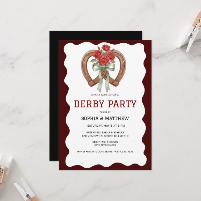 Invitación Derby Party Invitation Rustic Horseshoe Roses (Anverso/Reverso In Situ)