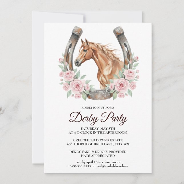 Invitación Derby Party Invitation with Horse & Floral Art (Anverso)