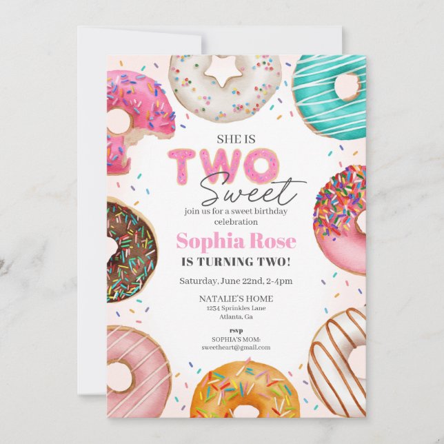 Invitación Derramado Donut Dos Dulces Fiestas de Cumpleaños p (Anverso)