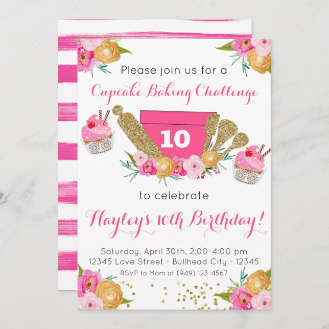 Invitación Desafío de horneado de torta floral rosa Cumpleaño (Anverso / Reverso)
