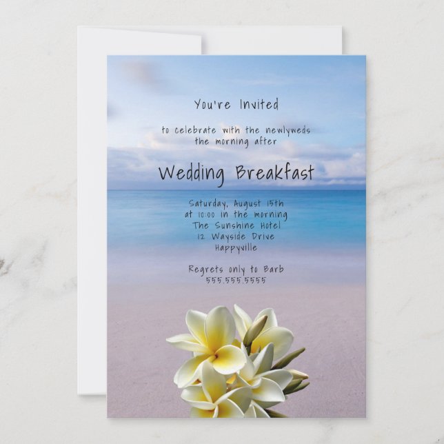 Invitación Desayuno Boda de fondo en la playa de Plumeria Bla (Anverso)