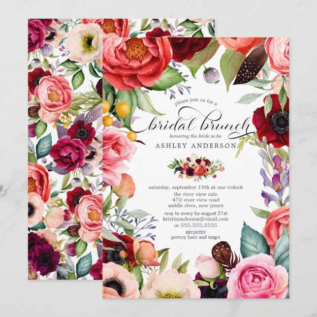 Invitación Desayuno Bridal Boho Acuarela Floral (Anverso / Reverso)