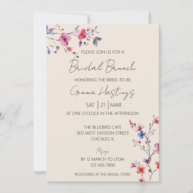 Invitación Desayuno Bridal de Flor de Agua Boho Beige (Anverso)
