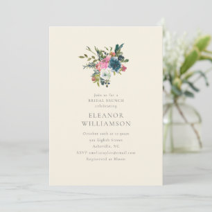 Invitación Desayuno Bridal elegante de navy y flores rosadas