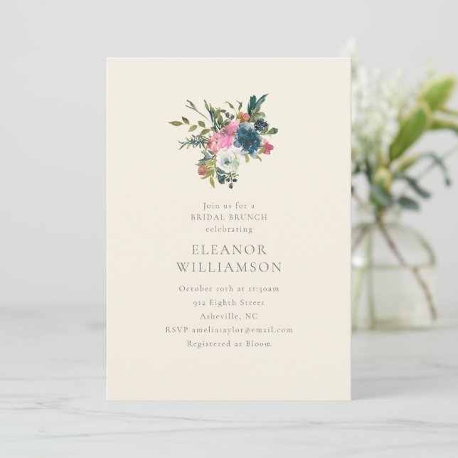 Invitación Desayuno Bridal elegante de navy y flores rosadas (Anverso de pie)