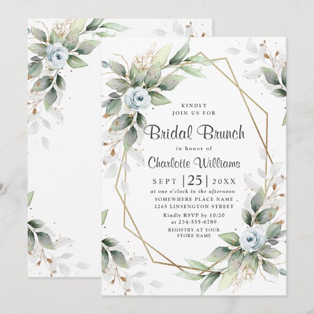 Invitación Desayuno Bridal Elegante Dusty Blue  Verde (Anverso / Reverso)