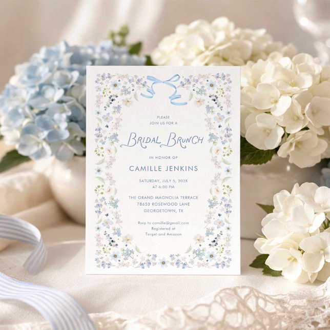 Invitación Desayuno Bridal floral azul con lazo (Blue Floral Bridal Brunch Invitation)
