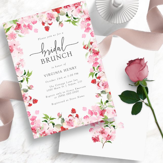 Invitación Desayuno Bridal Floral Elegante (Elegant Red and Pink Bridal Brunch Invitation - Watercolor Red and Pink Floral)
