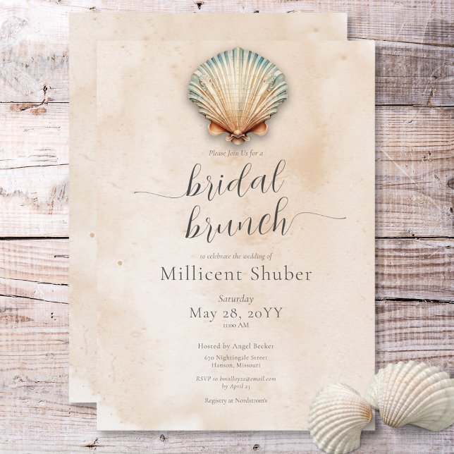 Invitación Desayuno Bridal Moderno de Concha de Mar Costera (Modern Coastal Seashell Sand Bridal Brunch Invitation)