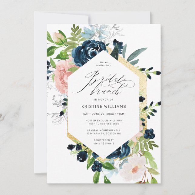 Invitación Desayuno Bridal Rosa Azul Acuarela Floral Nupcial (Anverso)