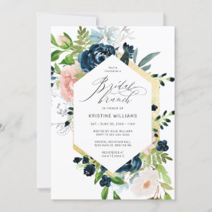 Invitación Desayuno Bridal Rosa Azul Acuarela Floral Nupcial