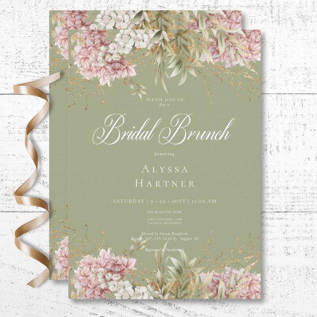 Invitación Desayuno Bridal Rustico Blanco y Rosa Hydrangea Ve (Rustic White & Pink Hydrangea Green Bridal Brunch Invitation)