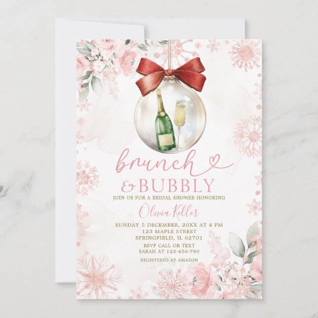Invitación Desayuno Brunch & Bubbly de Invierno Rosa para Des (Anverso)