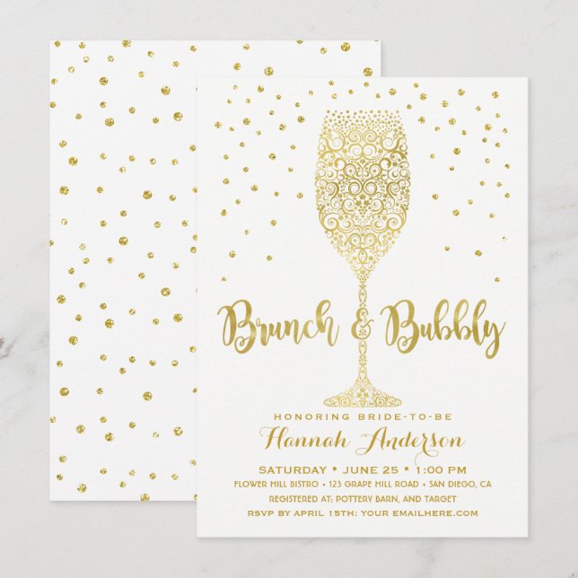 Invitación Desayuno Brunch & Bubbly de oro falso y blanco par (Anverso / Reverso)