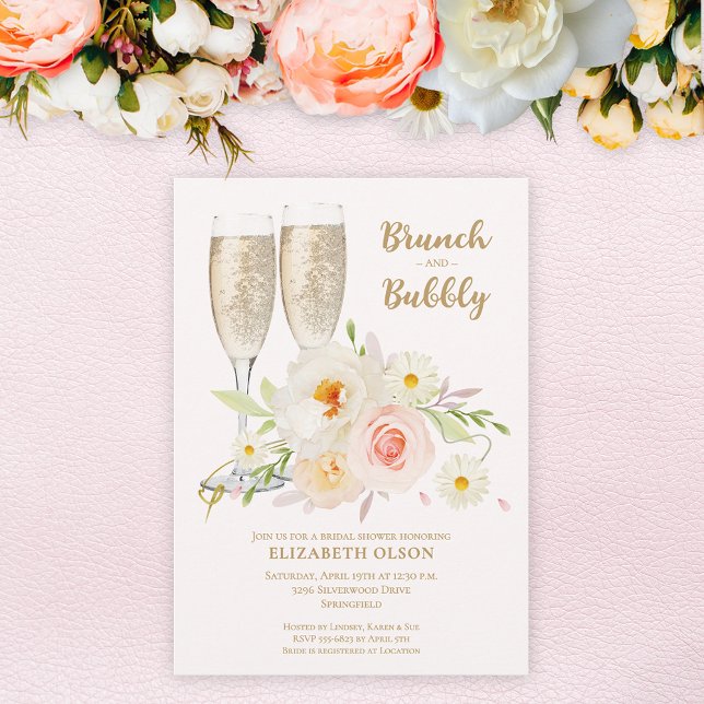 Invitación Desayuno Brunch & Bubbly Garden Floral para Boda (Brunch & Bubbly blush garden flowers bridal shower invitations, INSTANT DOWNLOAD and/or PRINTED)