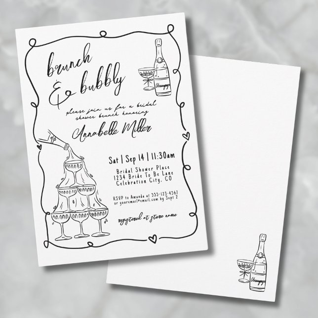 Invitación Desayuno Brunch Caprichosamente Dibujado a Mano co (Whimsical Hand Drawn Brunch Bubbly Bridal Shower Invitation)