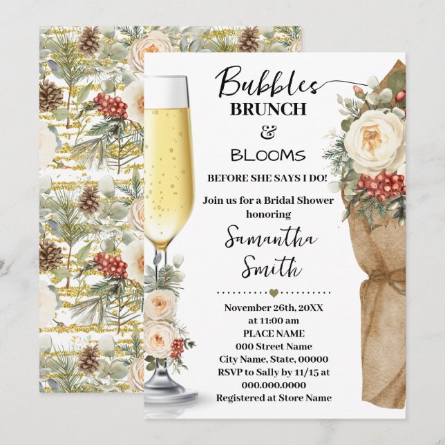 Invitación Desayuno Brunch con Burbujas Florales de Invierno  (Anverso / Reverso)