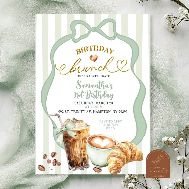 Invitación Desayuno Brunch Cumpleaños Rayas Coquette Verde Sa (Subido por el creador)