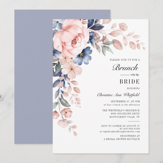 Invitación Desayuno Brunch de Aquerola con Tinta Floral para  (Anverso / Reverso)