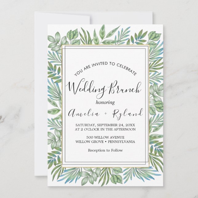 Invitación Desayuno Brunch de Boda con Verde y Hoja de Oro  (Anverso)