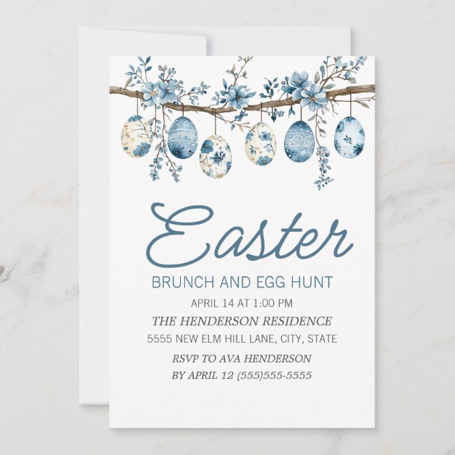 Invitación Desayuno Brunch de búsqueda de huevo de Pascua azu (Anverso)