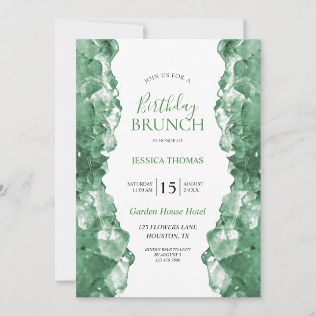 Invitación Desayuno Brunch de Cumpleaños con Cuarzo Esmeralda (Anverso)