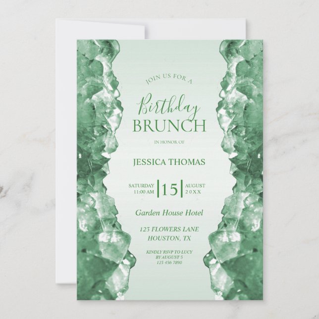 Invitación Desayuno Brunch de Cumpleaños con Cuarzo Esmeralda (Anverso)