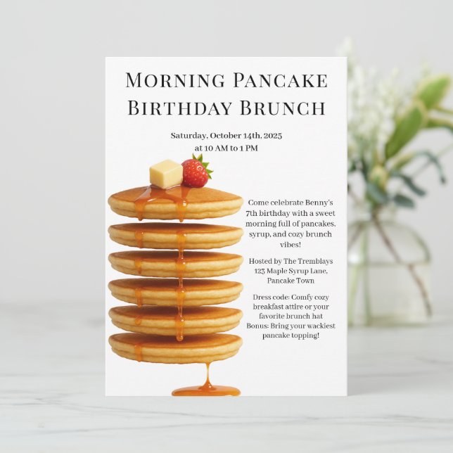Invitación Desayuno Brunch de Cumpleaños con Panqueques Mañan (Anverso de pie)