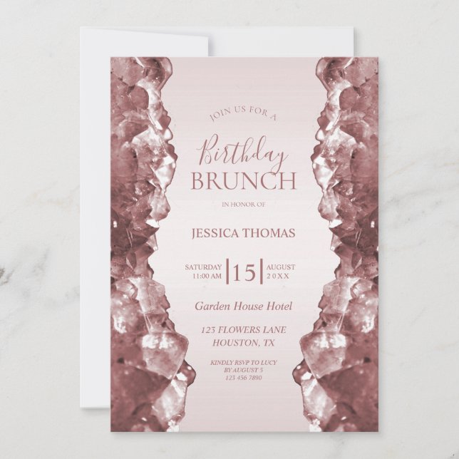 Invitación Desayuno Brunch de Cumpleaños de Cuarzo Rosa (Anverso)