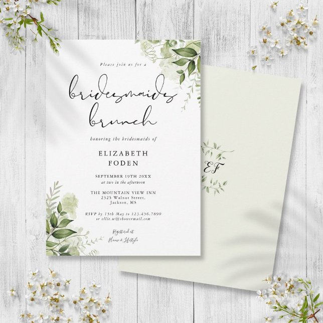 Invitación Desayuno Brunch de Damas de Honor con Monograma y  (Rustic Greenery Monogram Bridesmaids Brunch Invitation)