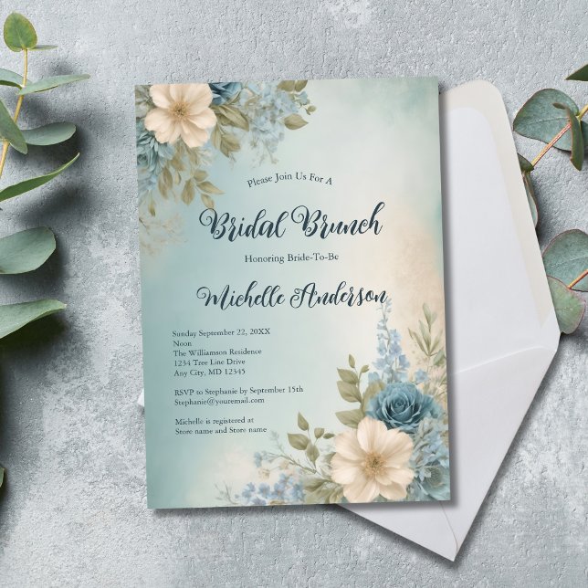 Invitación Desayuno Brunch de Despedida de Soltera con Acuare (Blue White Floral Watercolor Bridal Shower Bridal Brunch Invitation)