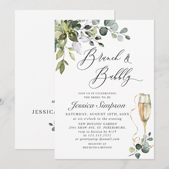 Invitación Desayuno Brunch de Eucalipto Elegante y Burbujas (Anverso / Reverso)