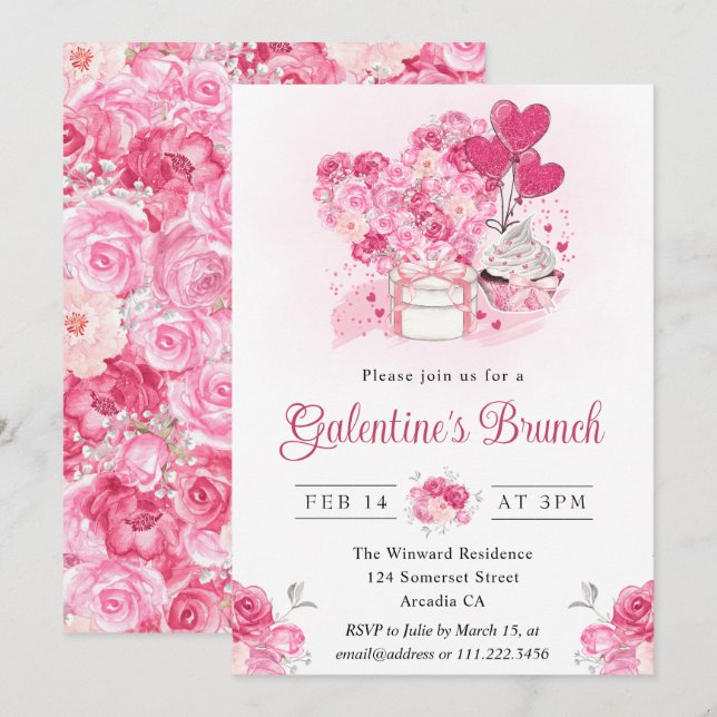 Invitación Desayuno Brunch de Galentine's de Pastel y Regalos (Anverso / Reverso)