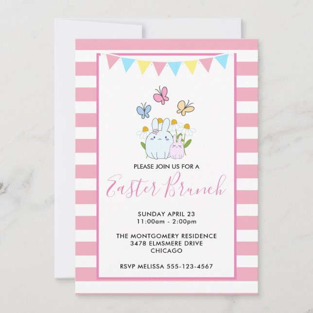 Invitación Desayuno Brunch de Pascua de conejitos, mariposas  (Anverso)