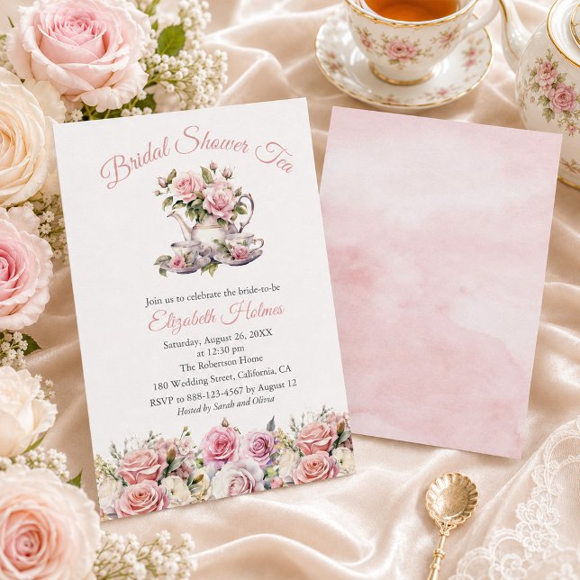 Invitación Desayuno Brunch de té de despedida de soltera con  (Blush Pink Roses Bridal Shower Tea Brunch Invitation)