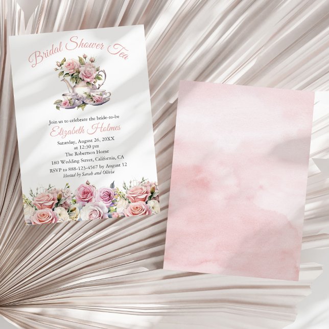 Invitación Desayuno Brunch de té de despedida de soltera con  (Blush Pink Roses Bridal Shower Tea Brunch Invitation on a sunny white dry palm leaf.)