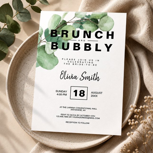Invitación Desayuno Brunch de Verde Rustico y Bridal Shower B (Brunch and Bubbly Bridal Shower Rustic Greenery Invitation, Eucalyptus Invitation)