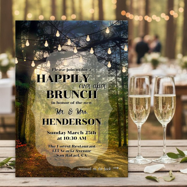 Invitación Desayuno Brunch Enchanted Forest Happily Ever Afte (Happily Ever After wedding brunch invitation showing an enchanted forest with festive string lights)