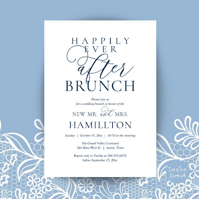 Invitación Desayuno Brunch Feliz para Siempre Después de la B (Happily Ever After Brunch Modern Post Wedding Invitation Card in navy Blue)