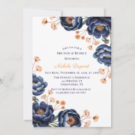 Invitación Desayuno Brunch Floral Azul Marino y Naranja Quema