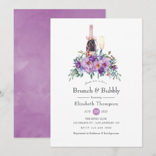 Invitación Desayuno Brunch Floral Púrpura y Espumoso Baby Sho